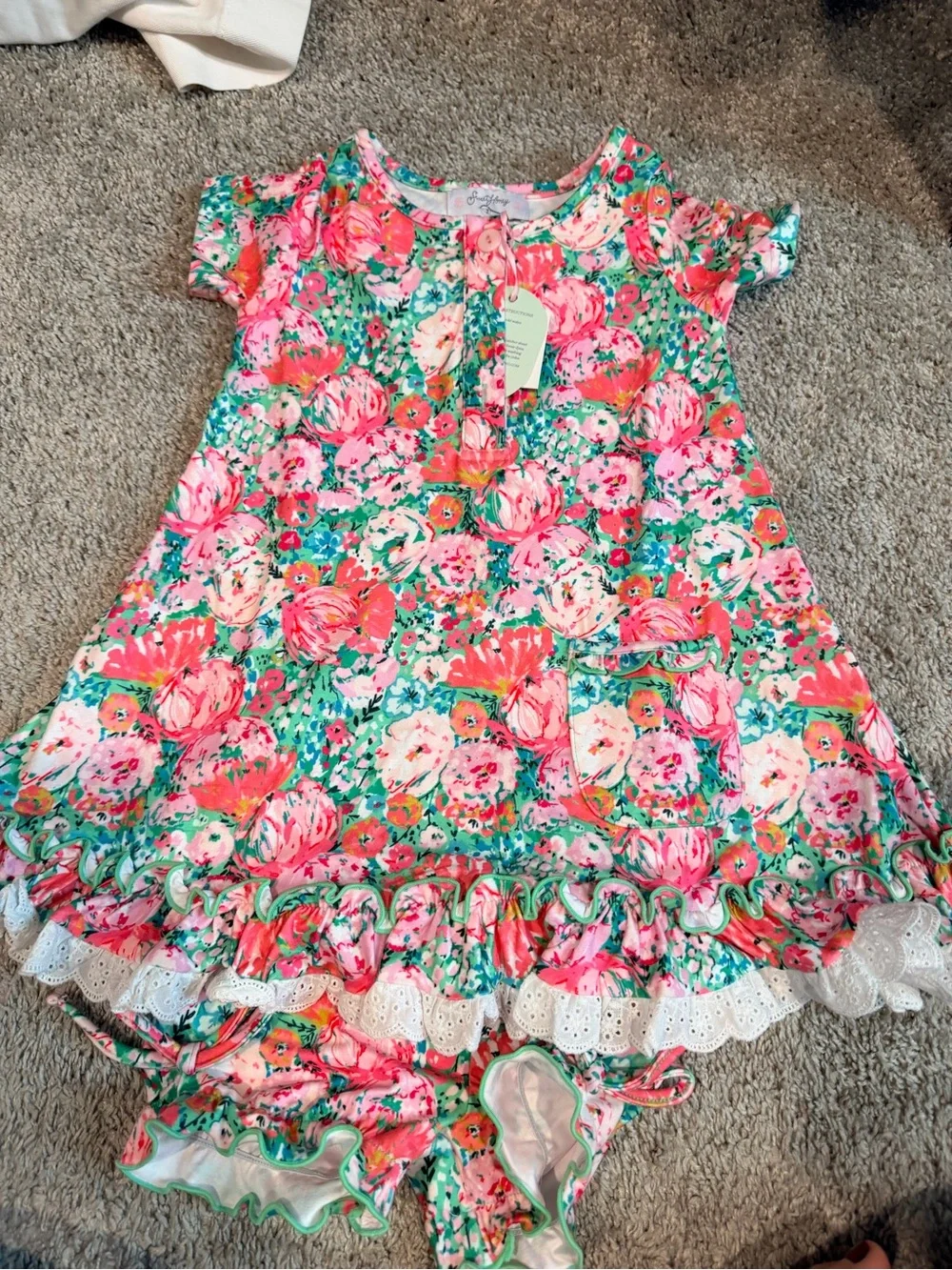 NWT SweetHoney Floral Ruffle Pajama Nightgown Set - Pink & Green